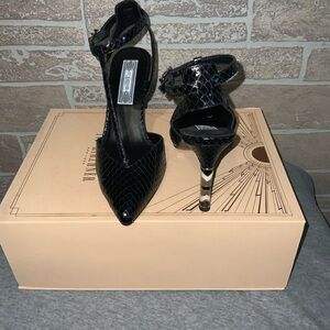 Ivy Kirzhner Black Snakeskin-Effect Pointed Toe Ankle Strap patterned heel